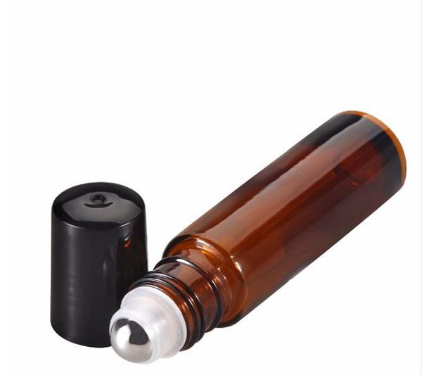 

300pcs/lot 10ml empty glass aromatherapy essential oil roller roll on bottles refillable bottles with metal roller ball & brushed cap