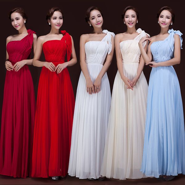 

one shoulder long chiffon bridesmaid dresses with pleats sky blue red floor length women dress lace up, White;pink