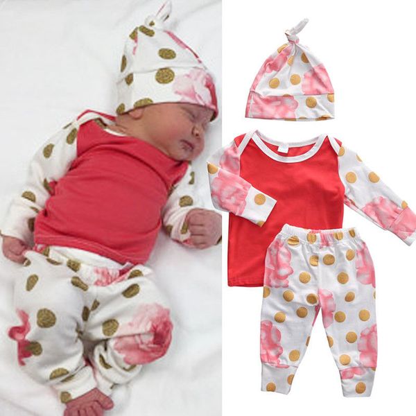 

2016 горячая распродажа детские костюмы новорожденных девочек девочек топы милые футболка + брюки леггинсы + шляпа цветочные Dot Outfit хлопок детский топ набор