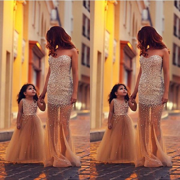 

special occassions prom dresses mother and daughter matching dresses 2019 pearls beaded champagne tulle sheer evening party dresses en10918, Black