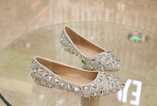 

2019 Плоские Низкие Каблуки Кристалл Свадебные Туфли Серебра Ручной Работы Rhinestone Di