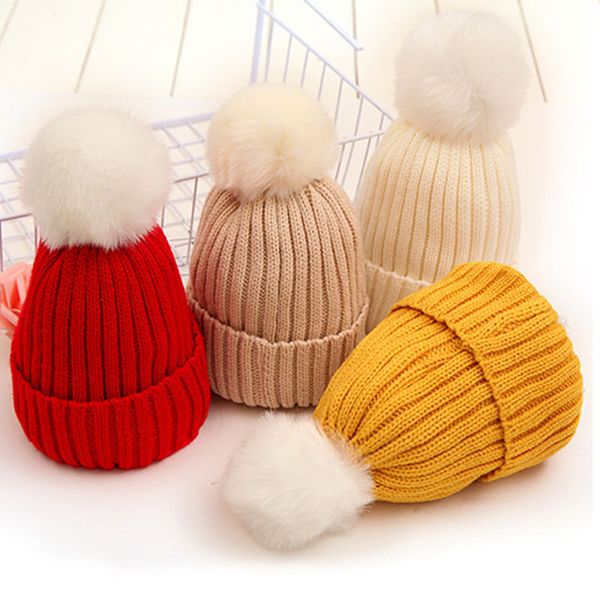 Winter Kinder Kunstpelz Pom Pom Strickmützen Kinder Jungen Mädchen Feste Wollmützen Skullies Cap