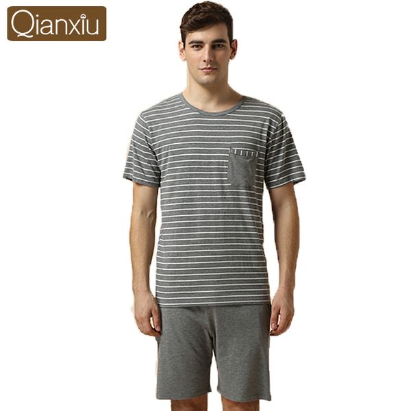 

wholesale-summer casual modal pajamas for men stripe short-sleeve pajamas to sleepwomen&men plus size pajama set 1pcsing, Black;brown