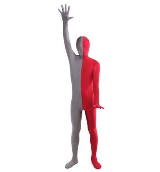 Body completo in spandex Zentai Lycra spaccato argento e rosso