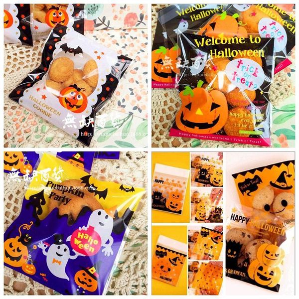 100 pezzi 5 stile fai da te Halloween giallo zucca e pipistrello caramelle biscotti regali borse sacchetto di plastica confezione da festa borse SS-001