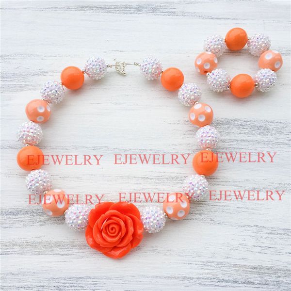

20mm orange acrylic dot beads white rhinestone beads flower chunky bubblegum kids necklace&bracelet set cb812