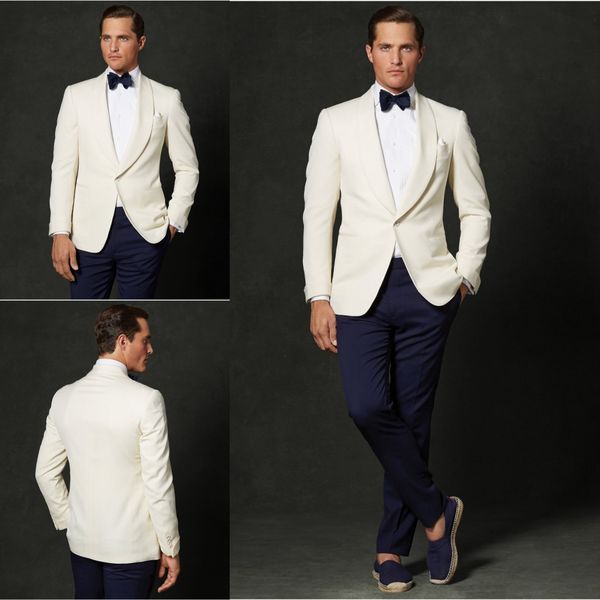 

handsome ivory and navy slim fit groom tuxedos custom made men business suit two pieces wedding suits, Black;gray