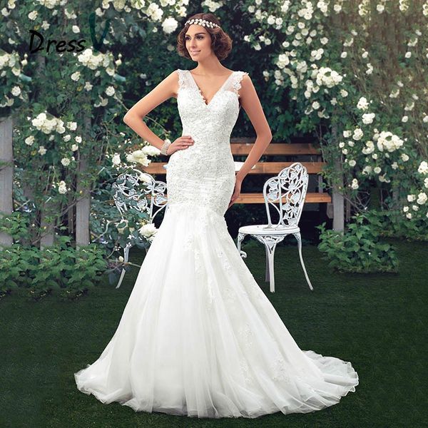 

2019 Lace Mermaid/Trumpet Wedding Dresses Sexy V-Neck Backless Court Train Appliques Custom made Wedding Gowns Bride Dresses free shipping