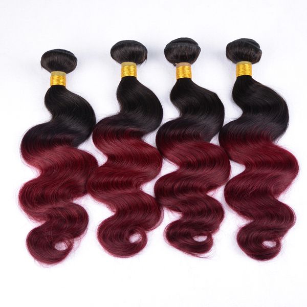 Estensioni dei capelli Ombre Brasiliano Capelli vergini Onda del corpo Due tonalità di colore 1b99j o 1b / bordeaux 100 Tessuto dei capelli umani Bellezza 4 pz / lotto Doppie trame