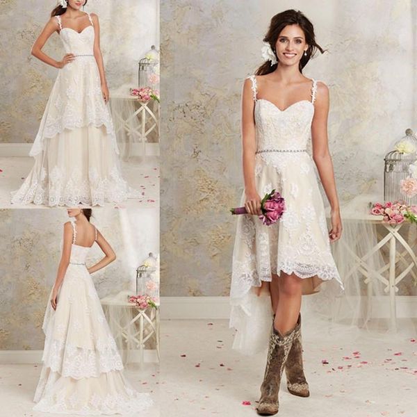 

Lace Country Wedding Dresses With Detachable Train High Low Short Bridal Dress Gown Floor length Multi Layers Garden Bohemian Wedding Gowns