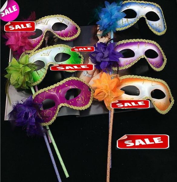 Venedig maskerad fjäder blomma kvinnor mask på pinne Mardi Gras kostym Halloween Carnival Handtag Stick party masker Julförnödenheter