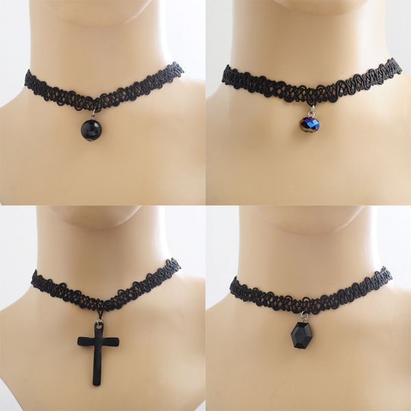 Heißer Verkauf Schmuck für Frauen Halsband handgemachte Vintage Stretch Tattoo Spitze Halsband Halsketten Gothic Punk elastische Kreuz Anhänger Halsketten