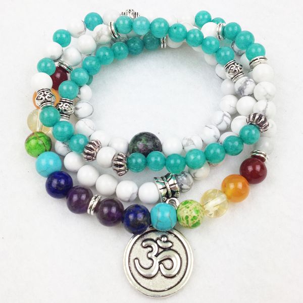 SN0194 Großhandel 6mm Aquamarin Naturweiß Türkis mit 8mm Chakra Perlen Armband 4 Wrap OM Charm Schmuck für Frauen