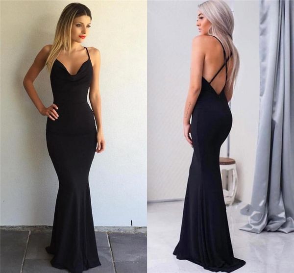

simple black mermaid prom dresses 2019 spaghetti staps cross back formal evening party gowns prom dresses with open back