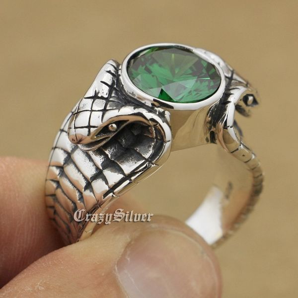 

925 sterling silver king cobra snake green cz biker rocker punk ring 9k032 us size 7 ~ 15, Golden;silver