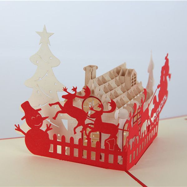 

handmade hollow kirigami santa christmas house folding postal card x'mas 3d pop up greeting cards ing
