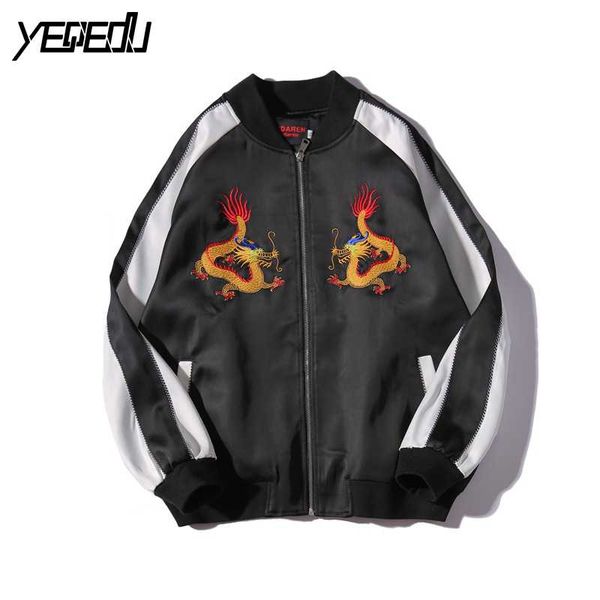 

wholesale- #3003 spring/fall chinese dragon embroidery harajuku ropa casual hombre patchwork bomber jacket men chaqueta hombre veste homme, Black;brown