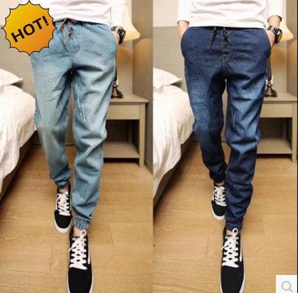 

мода 2016 подростков ноги ноги slim fit джинсовые джинсы мужчины шнурок лодыжки полосчатые брюки мальчиков хип-хоп гарем брюки 28-34 днища, Blue