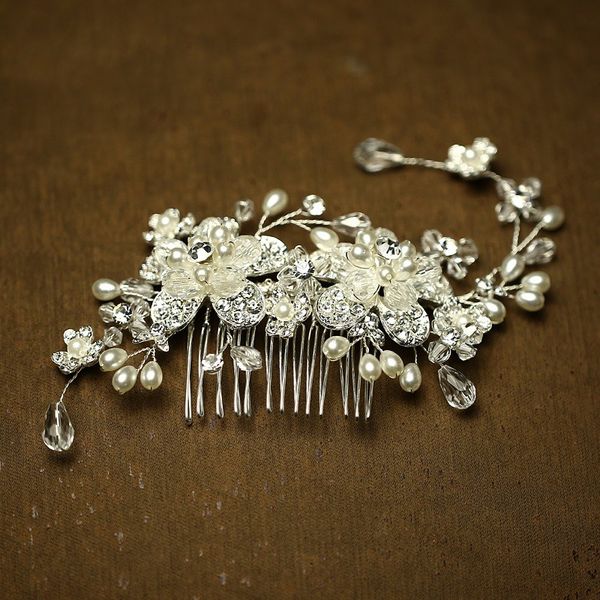 

beijia Fashion Silver Flower Pearl Hair Jewelry Bridal Comb Crystal Wedding Hair Accessories Women Headpiece