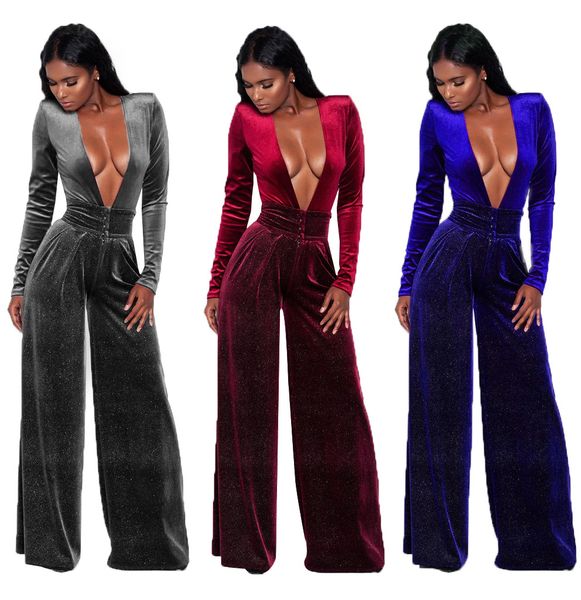 

plus size fashion deep v jumpsuit women long sleeve velvet rompers casual ladies wide leg pants overalls, Black;white