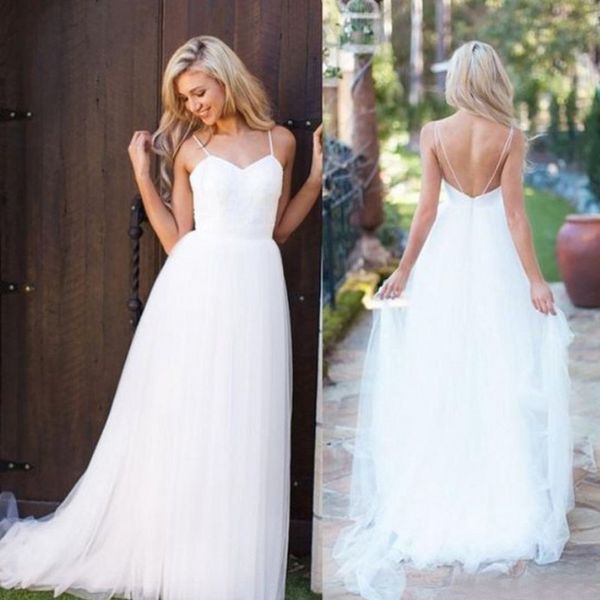 

2017 beach wedding dresses spaghetti lace tulle pleats backless boho bridal gowns plus size custom made china en11286, White