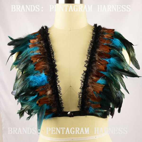 

wholesale-new women fashion feather bra,feather bralette,pentagram harness,bondage lingerie,dance costume,rave wear,festival clothing, Black