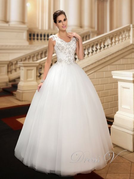 

2019 Gorgeous V-Neck Wedding Dresses Lace Up Floor Length Wedding Gown Appliques Beadings Tulle Ball Gown Bridal Gown Vestidos De Novia