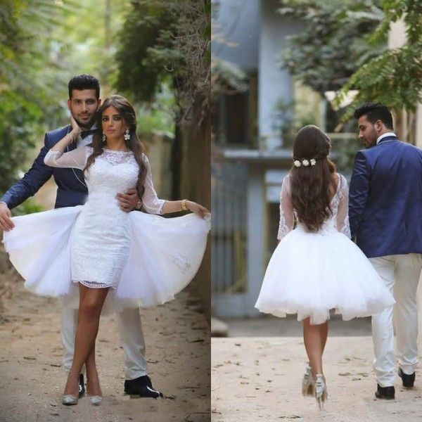 

arabic wedding dress short mini sheer bateau neckline illusion sleeves lace appliques open back bridal gowns with detachable over skirt, White