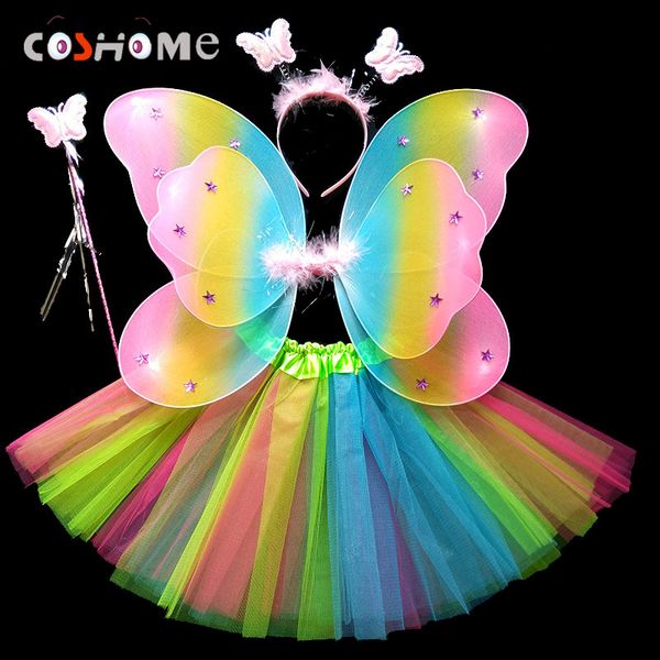 

coshome children butterfly cosplay princess costumes baby boys girls kids performance wings +skirt +headdress +wands 4pcs /set, Blue