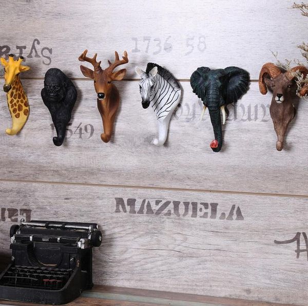 

resin crafts retro home wall hooks a variety of cute lifelike animals head deer head hook wall decorations explosion models wholesale