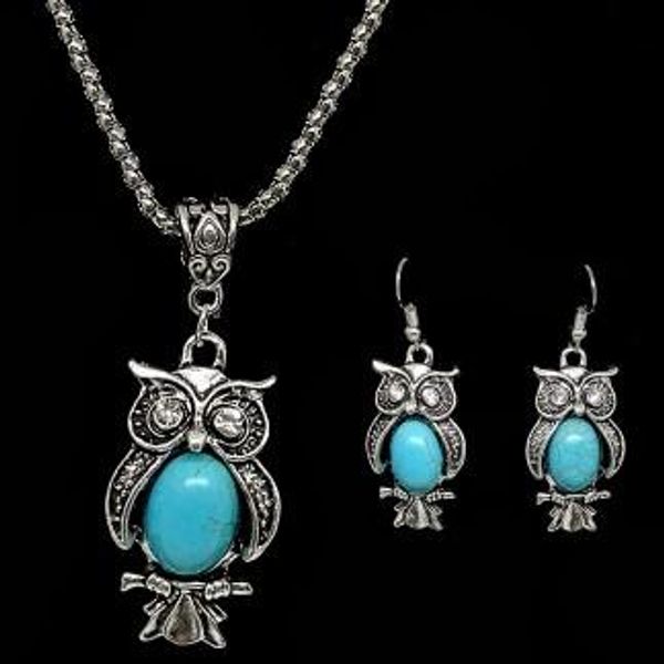 

owl necklace earring sets womens bohemian vintage turquoise antique silver plated necklace earring gift for her jewelry sets, Golden;silver