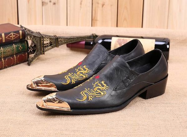 

china style 2 dargons playing ball men dressing up shoes fashion metal pointed toe boat shoes size 38-46 stage show shoes, Black