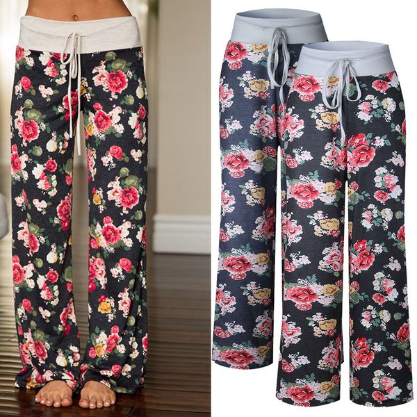 

S-3XL Women Casual Fashion Flower Floral Print Drawstring Wide Leg Palazzo Pants Ladies Loose Pajama Trousers New