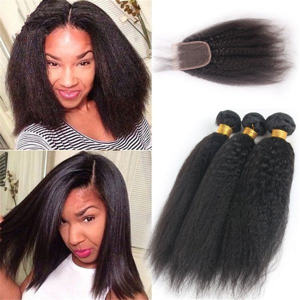 Hair Weave Kinky Straight Human Hair With Closure Free Part