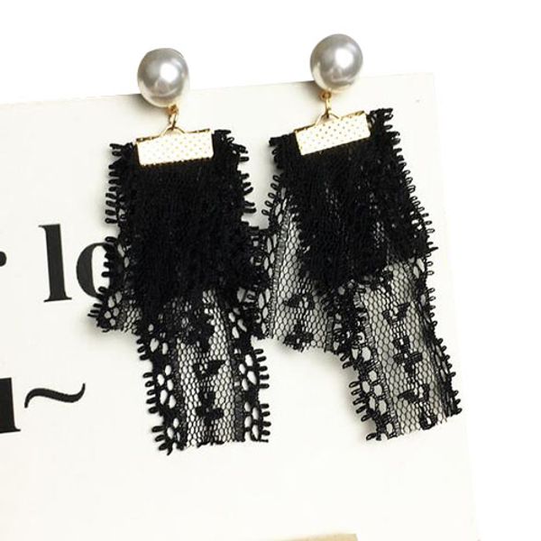 

small fresh female temperament lace pearl long earrings ribbon ing, Golden