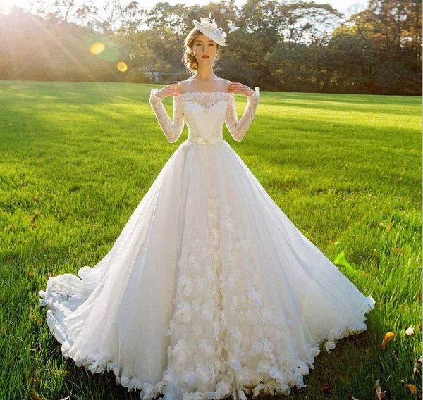 

2019 Wedding Dresses Off The Shoulder Long Sleeve Real Pictures Spring Garden A-Line Wedding Dress with Artificial Flowers