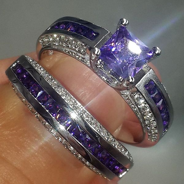 

fashion princess-cut purple simulated diamond cz rings set jewelry 10kt white gold filled wedding band rings sets for women cocktail, Slivery;golden