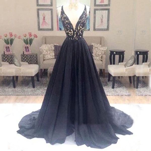 

дешевые высокого качества выпускного вечера черный a line погружения глубокий v-образным вырезом кружева аппликация топ длинный формальный в, Black