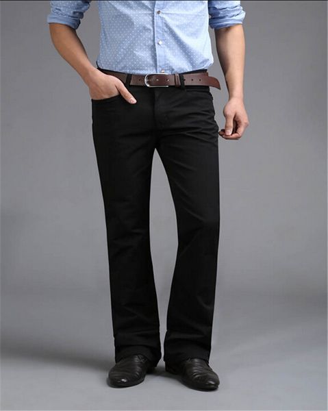 

wholesale-men dark blue mid waist business casual boot cut bell bottom black jeans male plus size flares