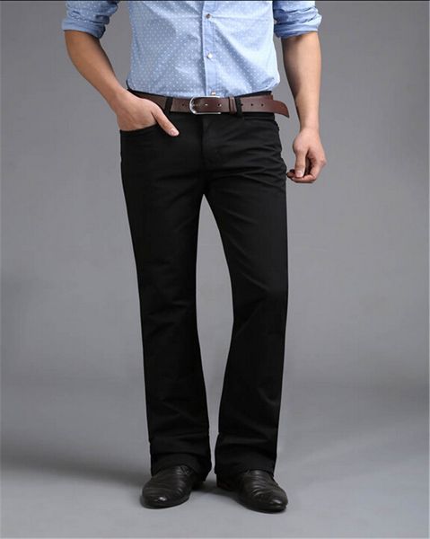 

wholesale-free shipping high quality men dark blue mid waist business casual boot cut bell bottom black jeans male plus size flares
