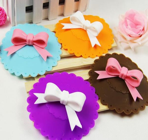 

10.5cm cute anti-dust silicone glass cup cover coffee mug suction seal lid cap silicone lovely bowknot cup cover 6 colors