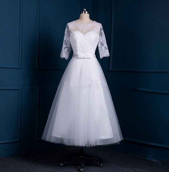 

тюль с кружевными аппликациями пляжное свадебное платье 2017 половина рукава свадебные платья чай длина платье, White