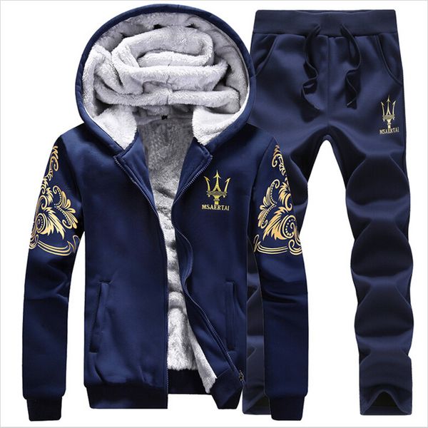 

wholesale-men brand tracksuit hoodies sweatshirts men winter warm thick fleece hooded jacket+pants mens sports suit men clothing set m-4xl, Black