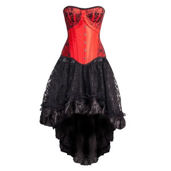 All'ingrosso economico overbust floreale nero pizzo overlay corsetto e voluminosa gonna a strati burlesque formale danza corsetto gonna set costume vestito