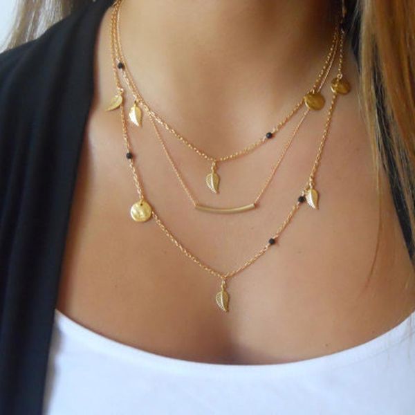 

women gold leaf bohemian crystal choker necklace multilayer bijoux collar tassels pendant long chain necklaces fashion jewelry, Golden;silver