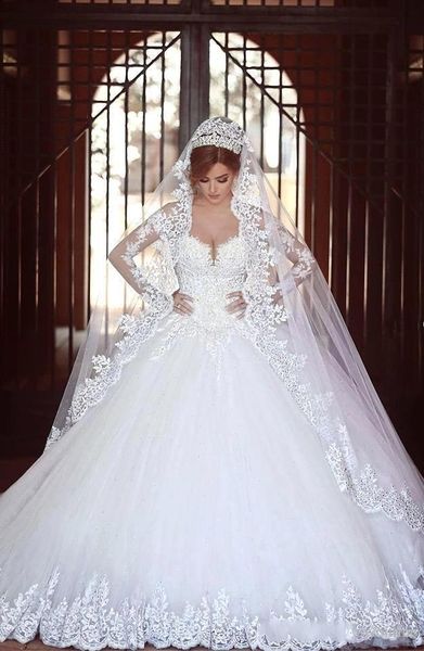 

2019 ball gown wedding dresses sweetheart long sleeves sheer tulle arabic long lace beaded sheer back plus size formal bridal gowns, White