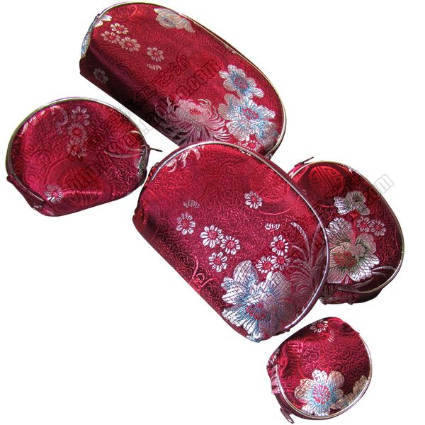 

light silk brocade coin purse travel 5 size jewelry storage bag set zipper cosmetic makeup packaging pouch women phone wallet, Pink;blue