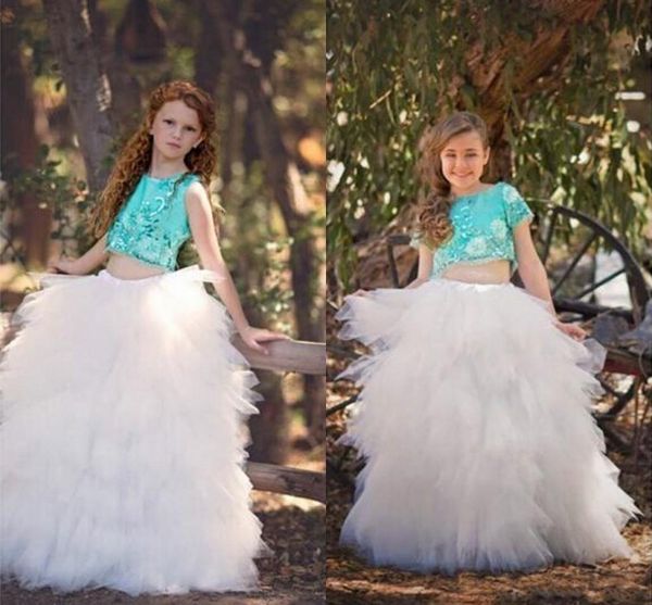 2016 Due pezzi Abiti da spettacolo per ragazze Strati di tulle Tutu Appliques Abito da ragazza di fiori Bambini Cerniera posteriore Lunghezza pavimento Abiti da festa per bambini