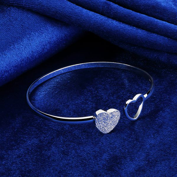 

64mm open adjustable double heart charm cuff bangle bracelet for women and men 925 silver bangle smooth, Black