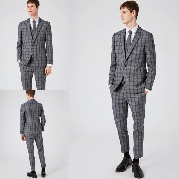

dark grey men suits for weddings 2019 fall new arrival three pieces tuxedo glen plaid design groom casual wear, Black;gray